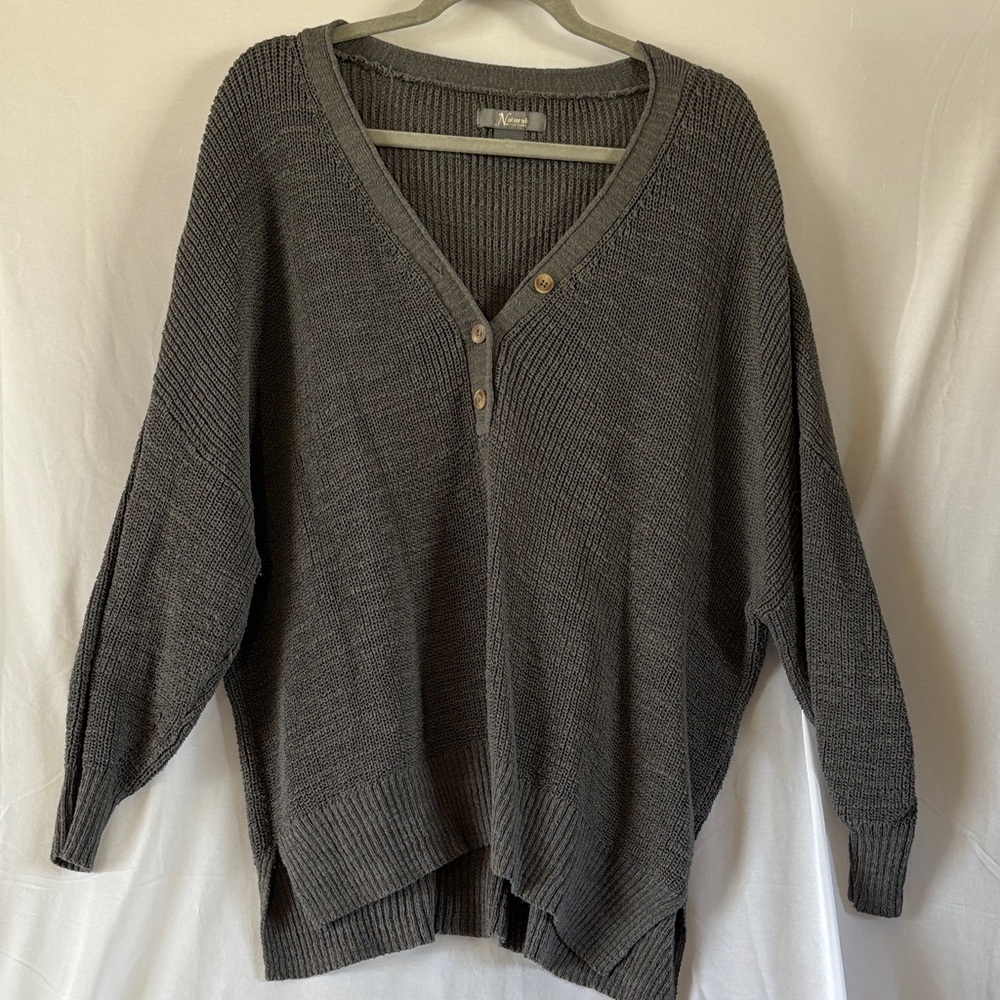 Natural Reflections Oversized V-Neck Button Sweater in Charcoal